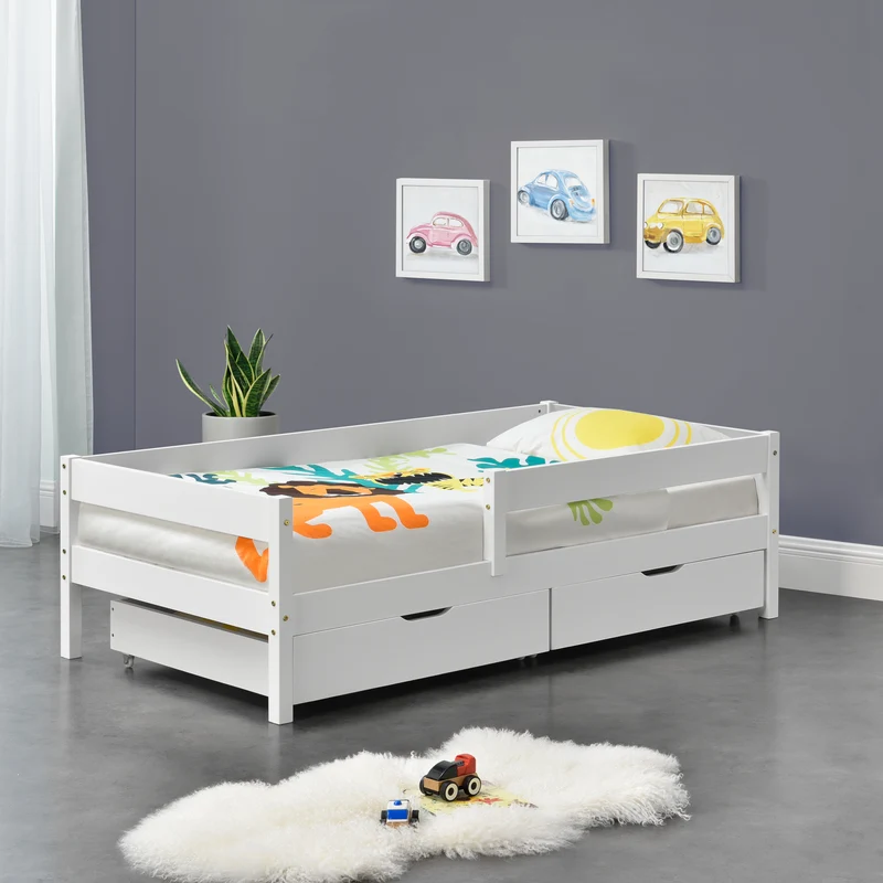 Lit pour enfant avec barrière anti-chute sommier et tiroirs de rangement bois de pin blanc 90 x 200 cm 03_0005419