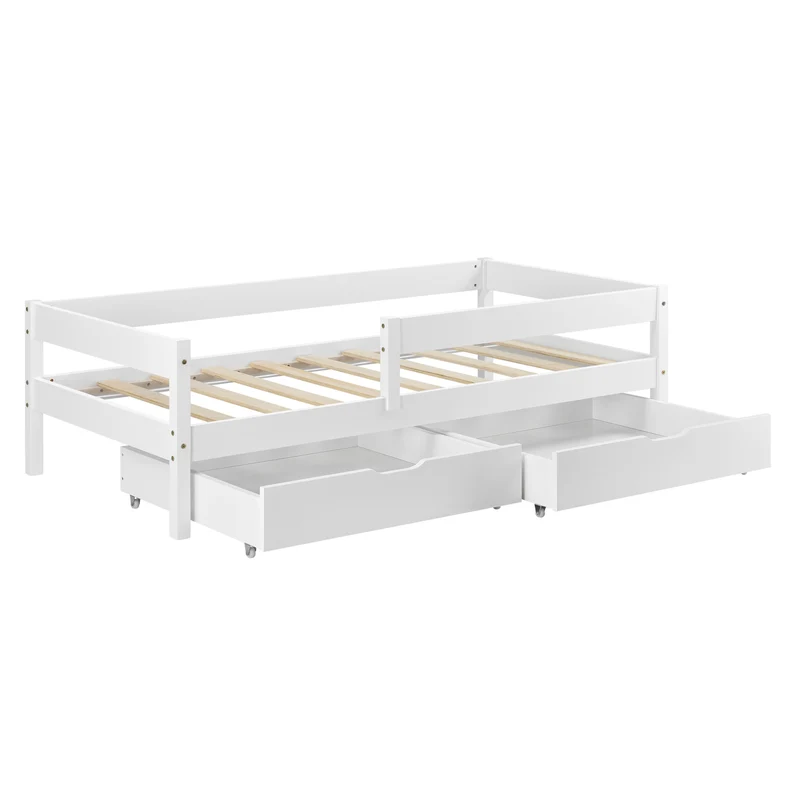 Lit pour enfant avec barrière anti-chute sommier et tiroirs de rangement bois de pin blanc 90 x 200 cm 03_0005419