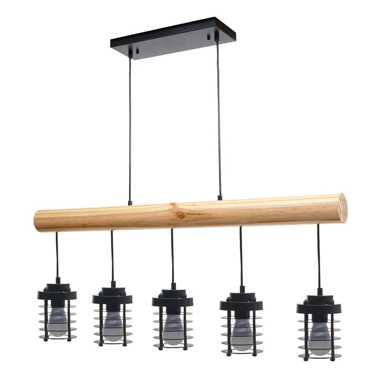 Lampe suspension plafonnier style industriel vintage bois massif métal noir 5 supports d'ampoules 04_0004051