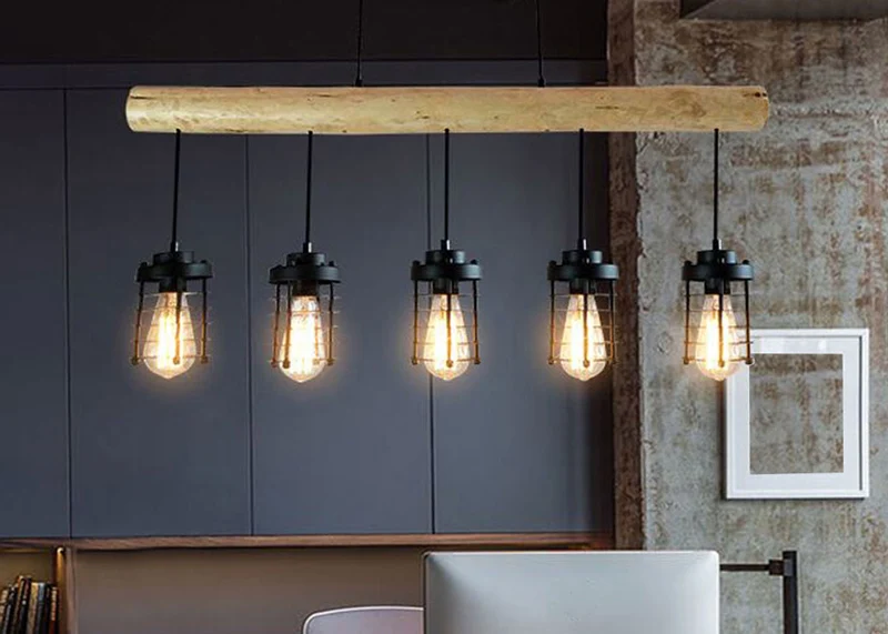 Lampe suspension plafonnier style industriel vintage bois massif métal noir 5 supports d'ampoules 04_0004051
