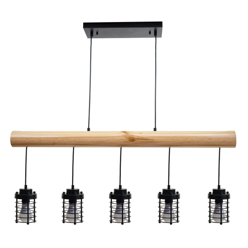 Lampe suspension plafonnier style industriel vintage bois massif métal noir 5 supports d'ampoules 04_0004051