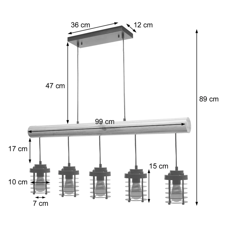 Lampe suspension plafonnier style industriel vintage bois massif métal noir 5 supports d'ampoules 04_0004051