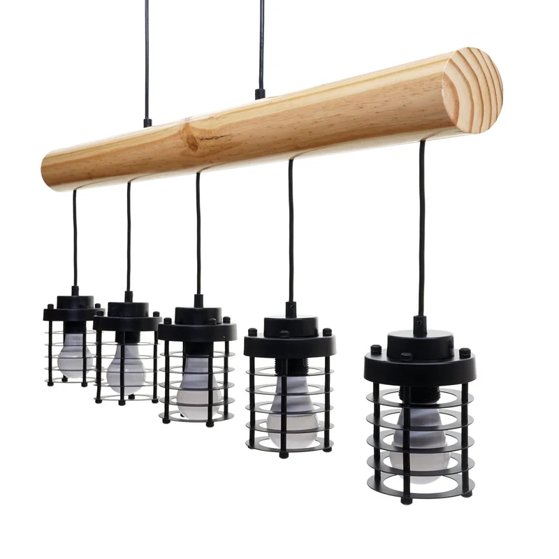 Lampe suspension plafonnier style industriel vintage bois massif métal noir 5 supports d'ampoules 04_0004051