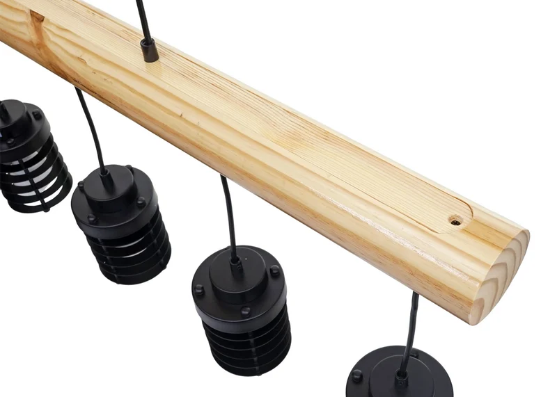 Lampe suspension plafonnier style industriel vintage bois massif métal noir 5 supports d'ampoules 04_0004051