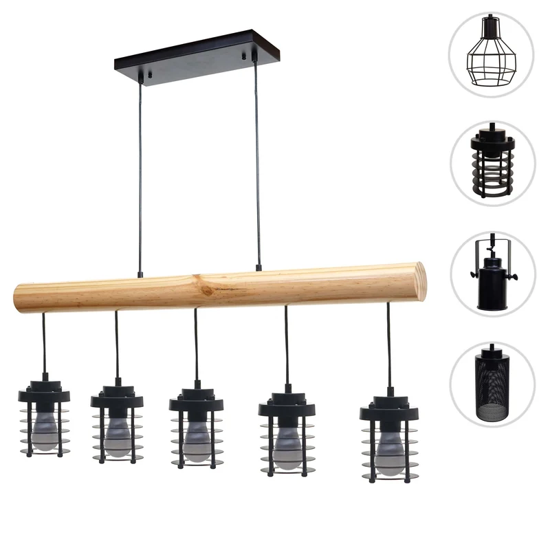 Lampe suspension plafonnier style industriel vintage bois massif métal noir 5 supports d'ampoules 04_0004051