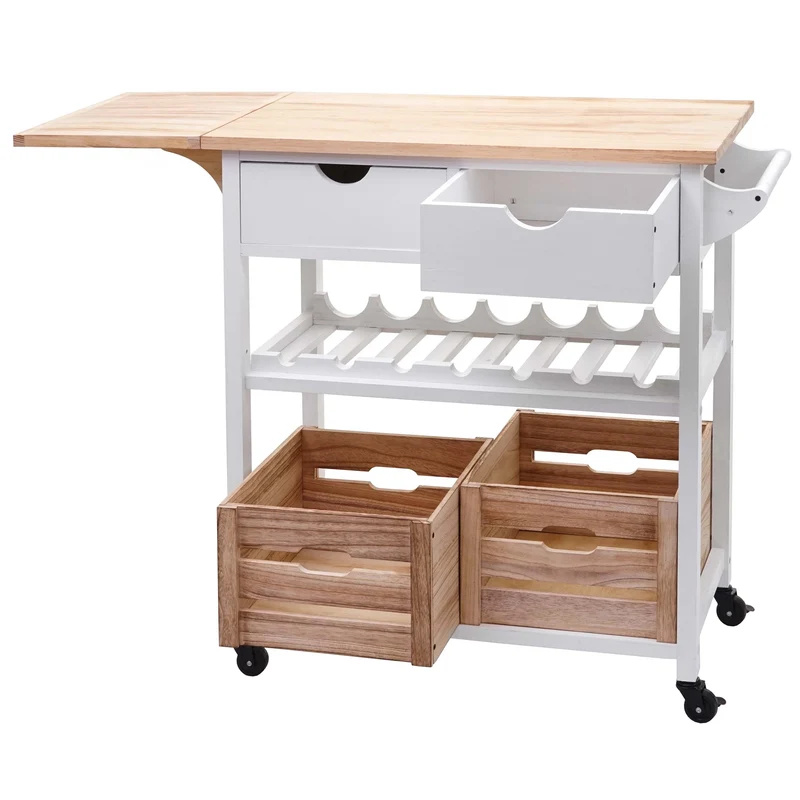 Chariot de service à roulettes cuisine bar porte bouteilles avec tiroirs et caisses rangement bois de pin 89x119x41cm blanc naturel 04_0002444