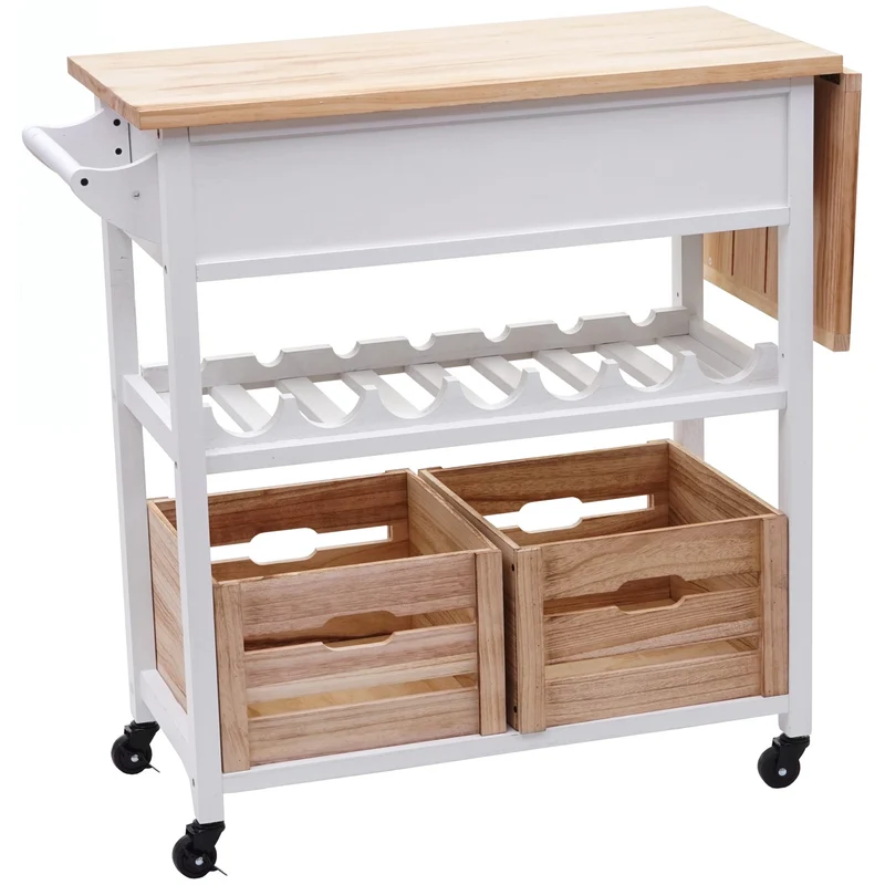 Chariot de service à roulettes cuisine bar porte bouteilles avec tiroirs et caisses rangement bois de pin 89x119x41cm blanc naturel 04_0002444
