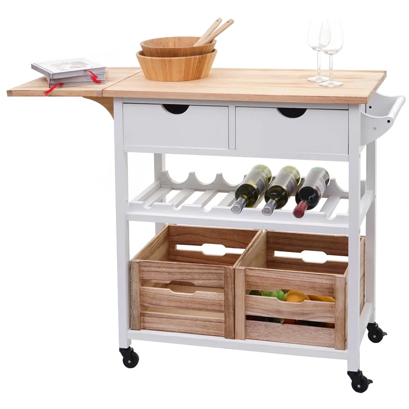 Chariot de service à roulettes cuisine bar porte bouteilles avec tiroirs et caisses rangement bois de pin 89x119x41cm blanc naturel 04_0002444