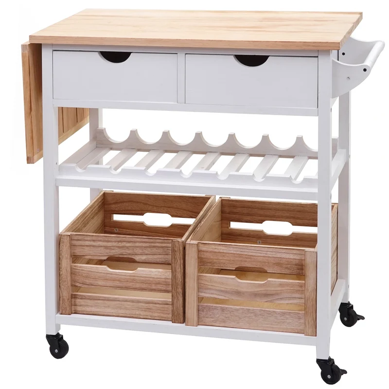 Chariot de service à roulettes cuisine bar porte bouteilles avec tiroirs et caisses rangement bois de pin 89x119x41cm blanc naturel 04_0002444