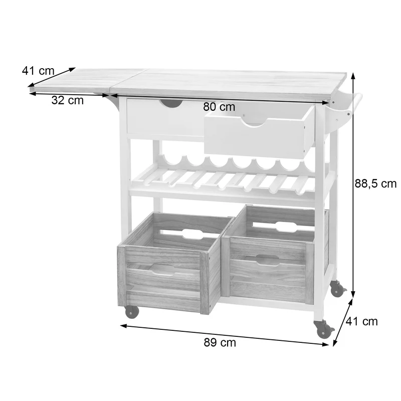 Chariot de service à roulettes cuisine bar porte bouteilles avec tiroirs et caisses rangement bois de pin 89x119x41cm blanc naturel 04_0002444