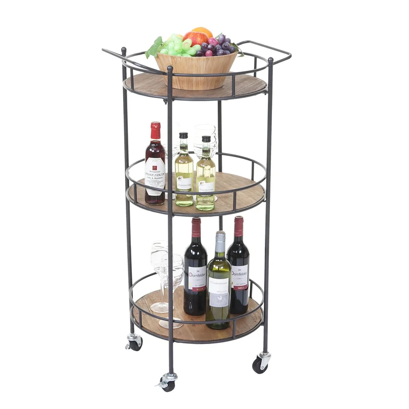 Chariot à roulettes étagères de service bar cuisine en bois de sapin massif vintage 100x50x43cm 04_0002431