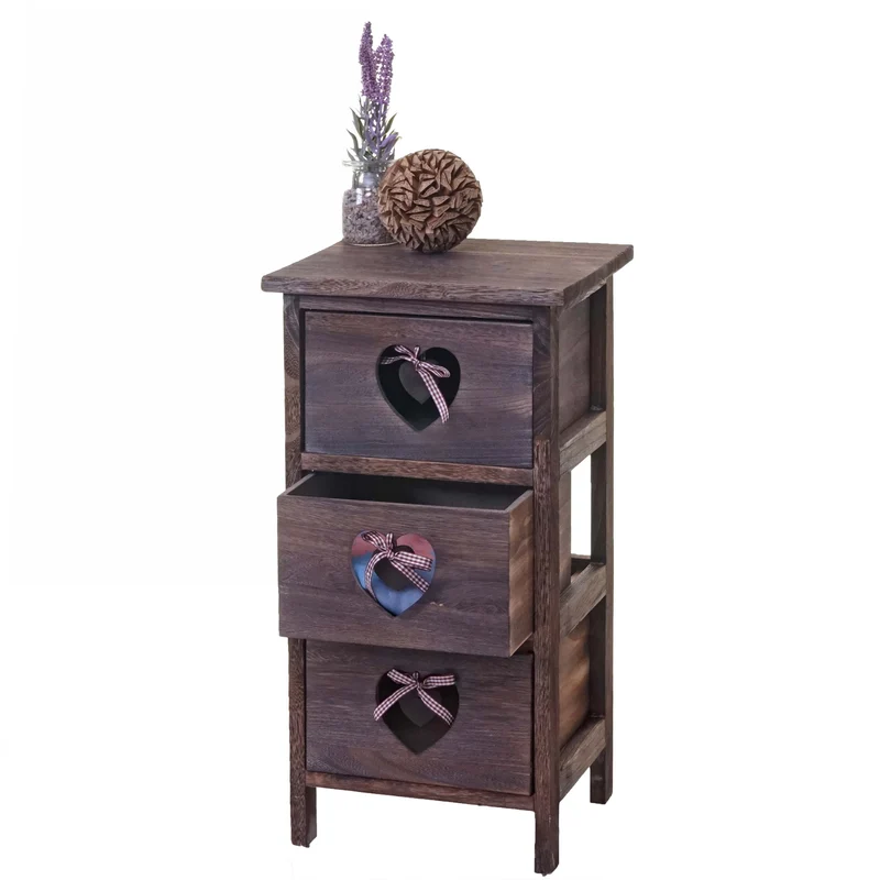 Commode petit meuble de rangement chevet 5 tiroirs avec motif coeurs 55x29x25cm style vintage marron 04_0002477