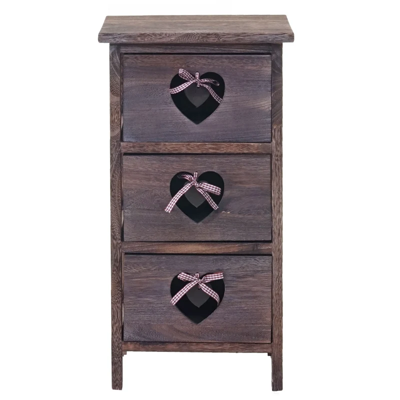 Commode petit meuble de rangement chevet 5 tiroirs avec motif coeurs 55x29x25cm style vintage marron 04_0002477