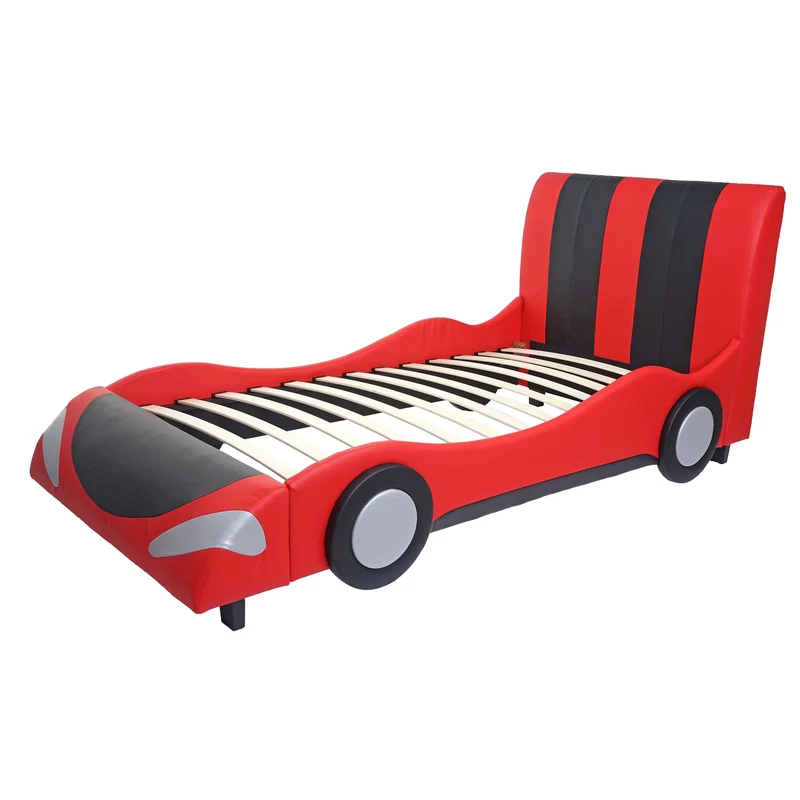Lit pour enfant voiture sommier à lattes synthétique bois 190x100cm noir rouge 04_0003618