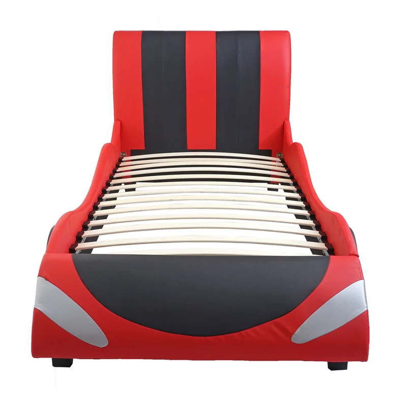Lit pour enfant voiture sommier à lattes synthétique bois 190x100cm noir rouge 04_0003618