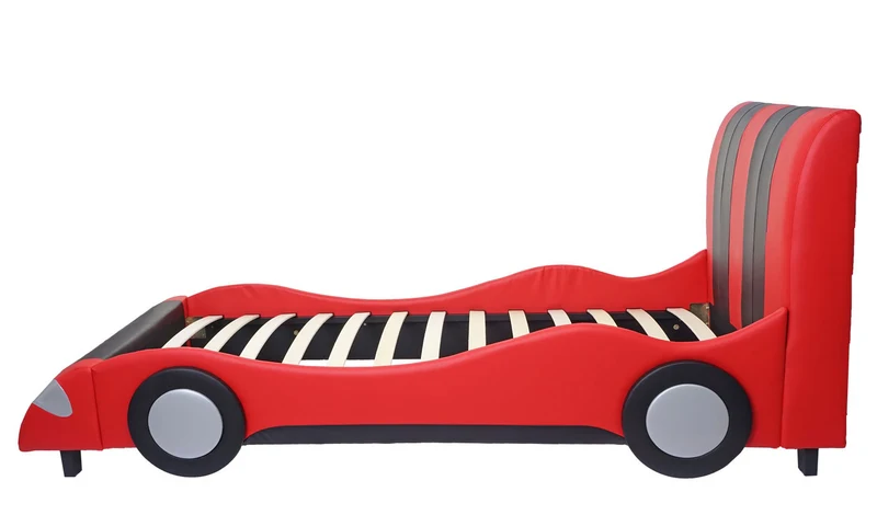 Lit pour enfant voiture sommier à lattes synthétique bois 190x100cm noir rouge 04_0003618