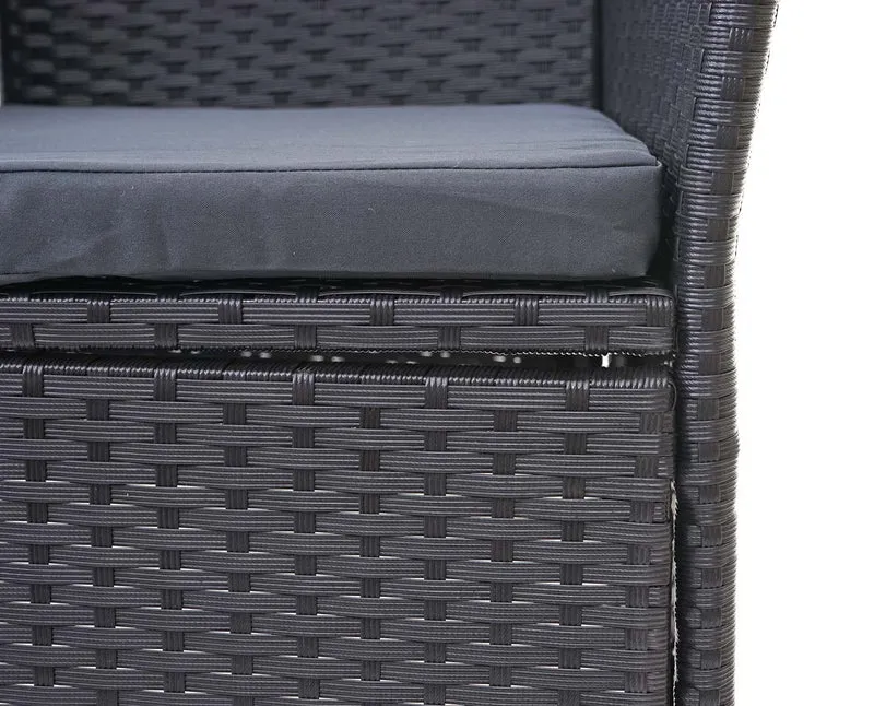 Banc en polyrotin avec table fauteuils chaises de jardin 132cm noir coussin gris foncé 04_0001141