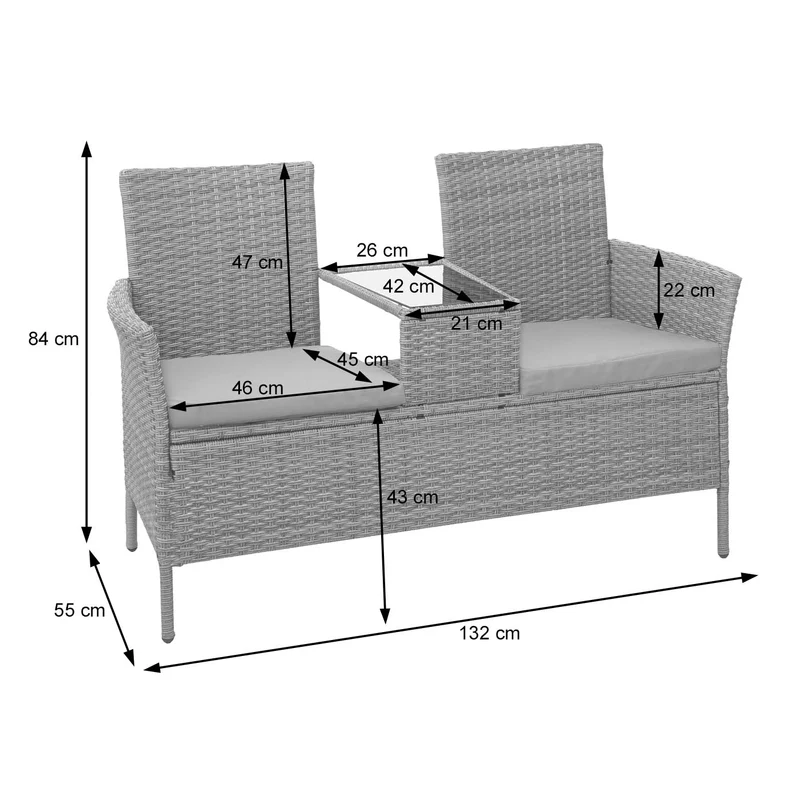 Banc en polyrotin avec table fauteuils chaises de jardin 132cm noir coussin gris foncé 04_0001141