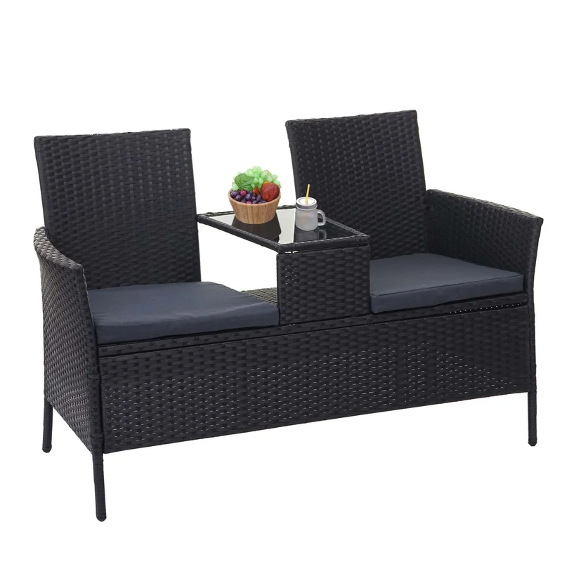 Banc en polyrotin avec table fauteuils chaises de jardin 132cm noir coussin gris foncé 04_0001141