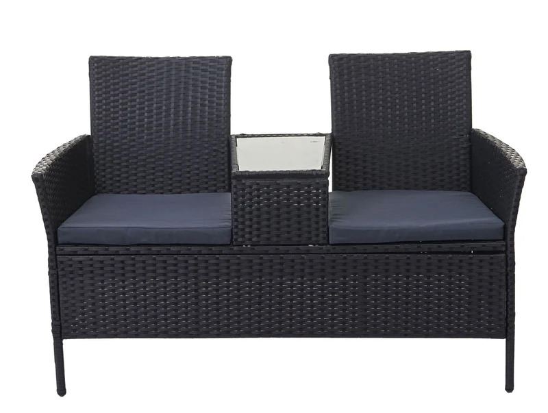 Banc en polyrotin avec table fauteuils chaises de jardin 132cm noir coussin gris foncé 04_0001141