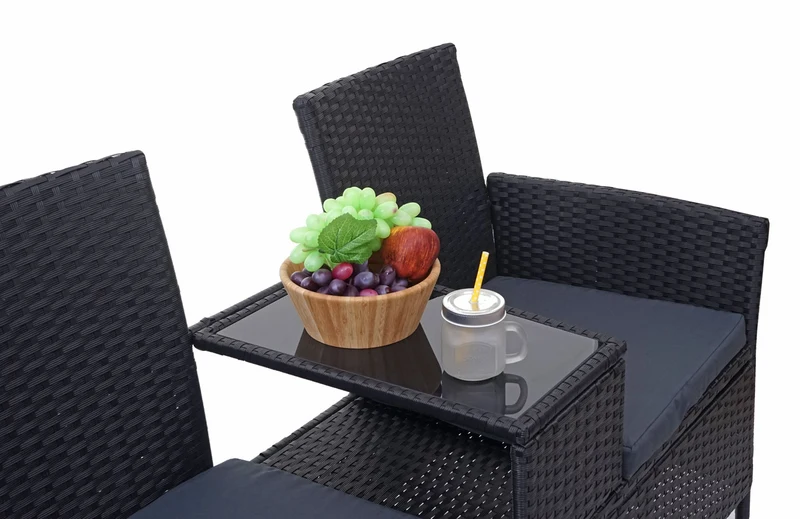 Banc en polyrotin avec table fauteuils chaises de jardin 132cm noir coussin gris foncé 04_0001141