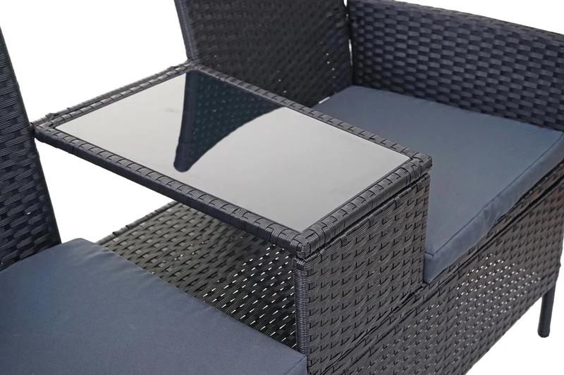 Banc en polyrotin avec table fauteuils chaises de jardin 132cm noir coussin gris foncé 04_0001141