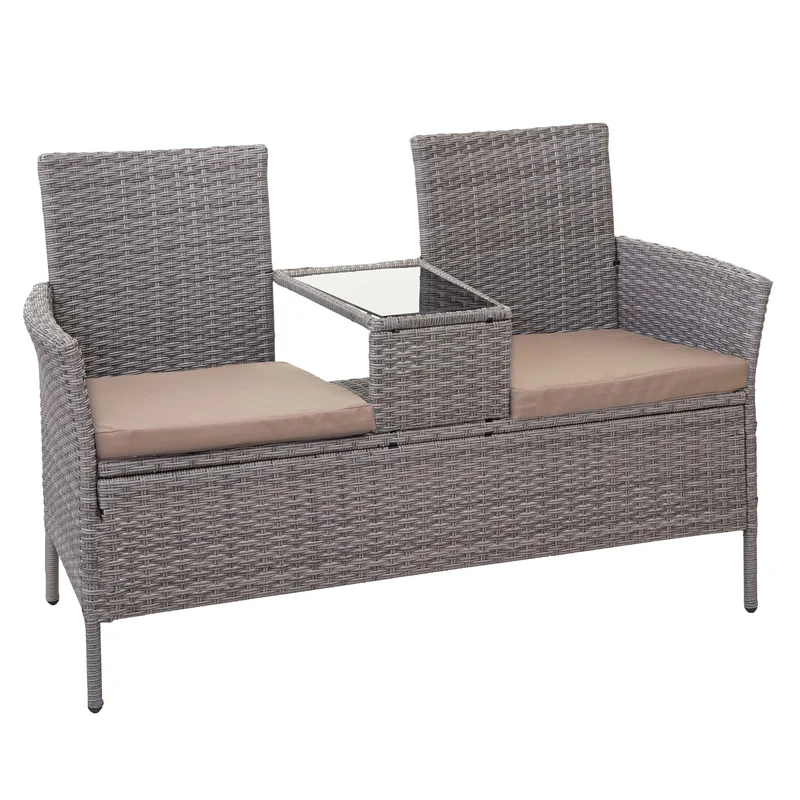 Banc en polyrotin avec table fauteuils chaises de jardin 132cm gris coussin crème 04_0001140