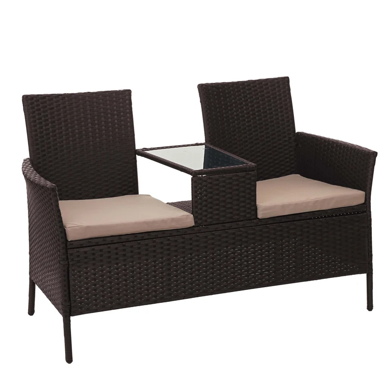 Banc en polyrotin avec table fauteuils chaises de jardin 132cm marron coussin crème 04_0001138