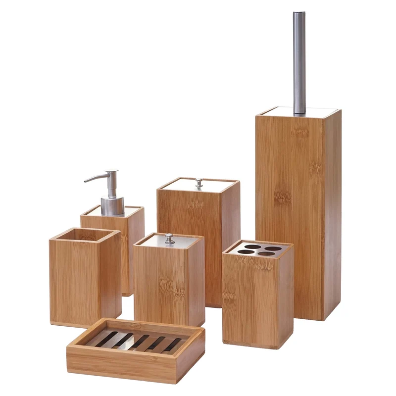 Accessoires de salle de bain 7 pièces distributeur de savon porte-brosse à dents porte-savon en bambou 04_0003024