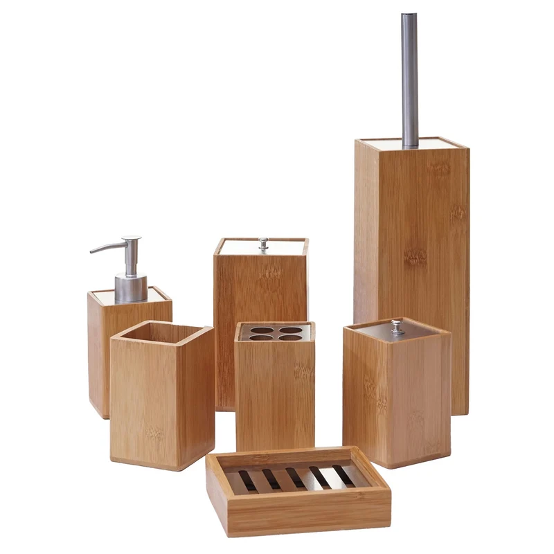 Accessoires de salle de bain 7 pièces distributeur de savon porte-brosse à dents porte-savon en bambou 04_0003024
