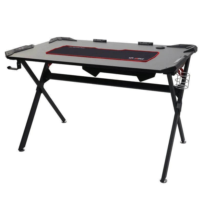 Bureau table d'informatique 120x75cm porte-gobelet porte-casque en MDF et métal noir 04_0001444