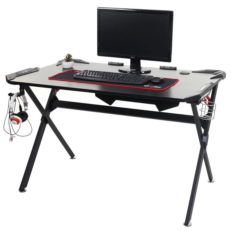 Bureau table d'informatique 120x75cm porte-gobelet porte-casque en MDF et métal noir 04_0001444