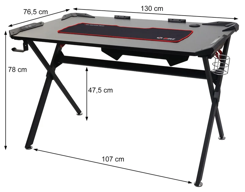 Bureau table d'informatique 120x75cm porte-gobelet porte-casque en MDF et métal noir 04_0001444