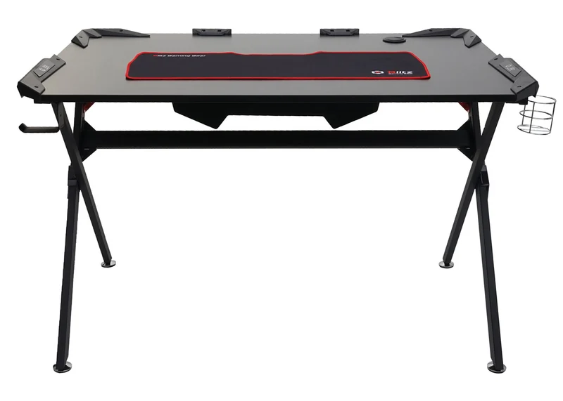 Bureau table d'informatique 120x75cm porte-gobelet porte-casque en MDF et métal noir 04_0001444