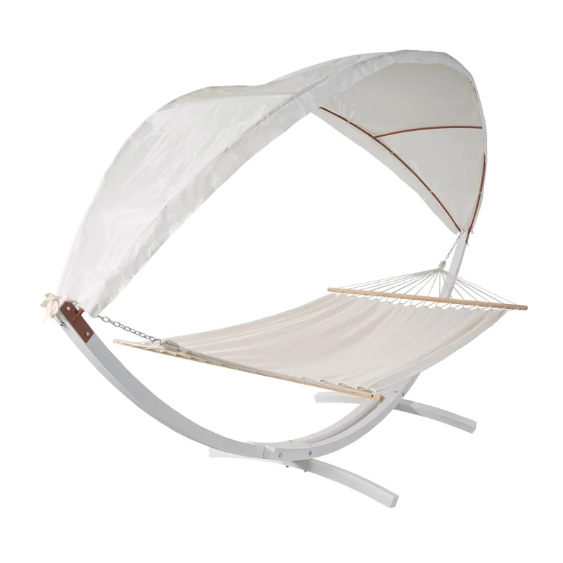 Hamac balançoire suspendue jusqu'à 200kg avec toile pour protection solaire cadre en bois 420cm 2 personnes blanc crème 04_0003394