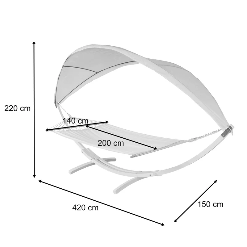 Hamac balançoire suspendue jusqu'à 200kg avec toile pour protection solaire cadre en bois 420cm 2 personnes blanc crème 04_0003394