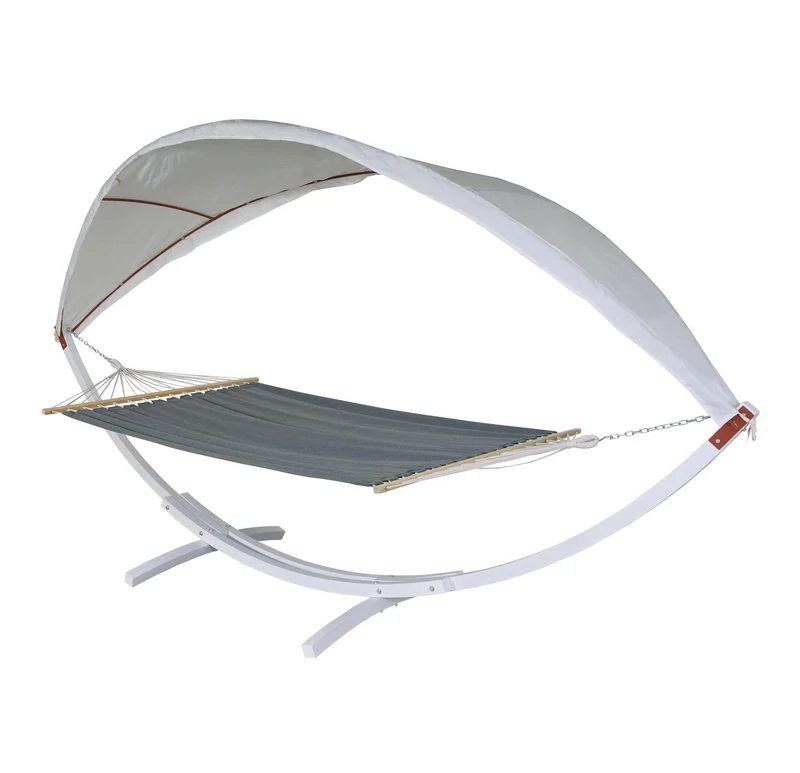 Hamac balançoire suspendue jusqu'à 200kg avec toile pour protection solaire cadre en bois 420cm 2 personnes blanc gris 04_0003392