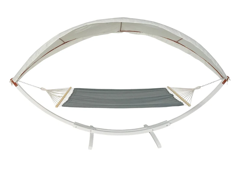 Hamac balançoire suspendue jusqu'à 200kg avec toile pour protection solaire cadre en bois 420cm 2 personnes blanc gris 04_0003392