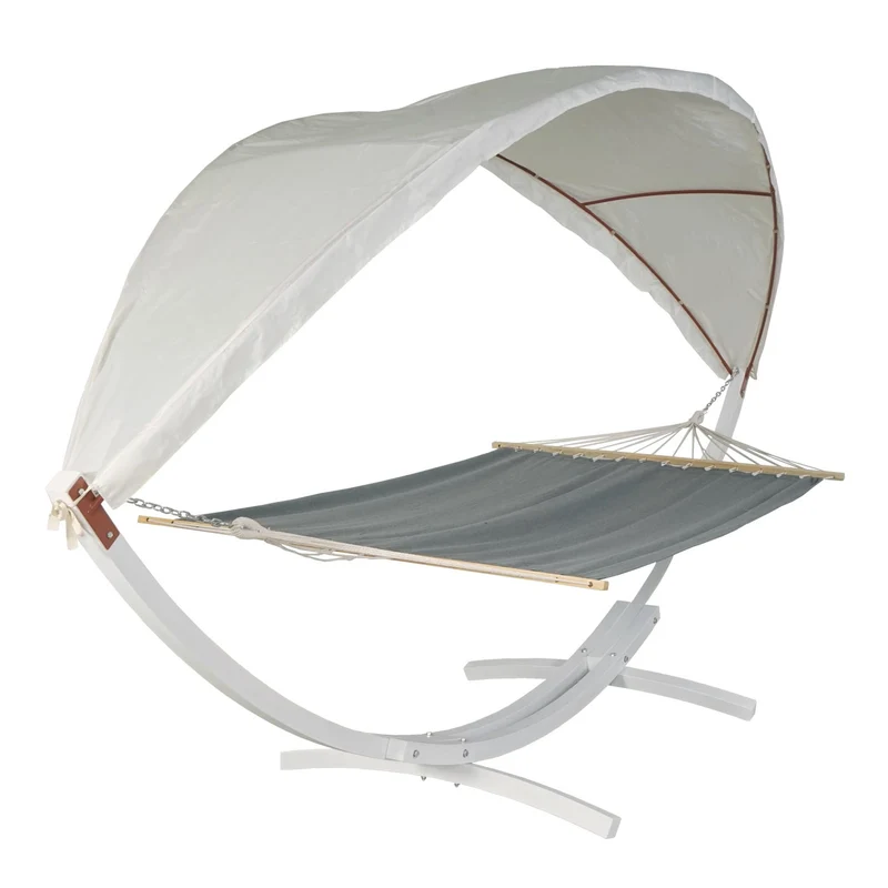 Hamac balançoire suspendue jusqu'à 200kg avec toile pour protection solaire cadre en bois 420cm 2 personnes blanc gris 04_0003392