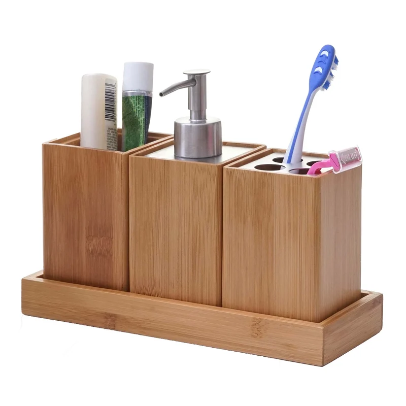 Accessoires de salle de bain 4 pièces porte brosse à dents distributeur de savon en bambou 04_0003021