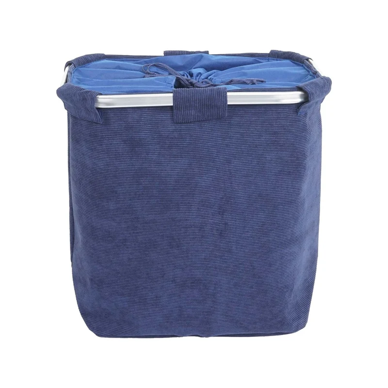 Panier à linge corbeille avec cordon de serrage 2 compartiments 56x49x30cm 82L en tissu bleu 04_0002512