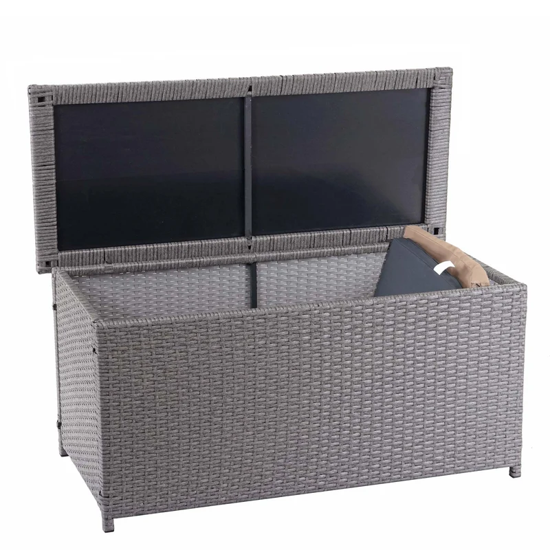 Coffre de rangement pour jardin en polyrotin gris avec roulettes rangement coussins 63x135x52cm 320L 04_0001372