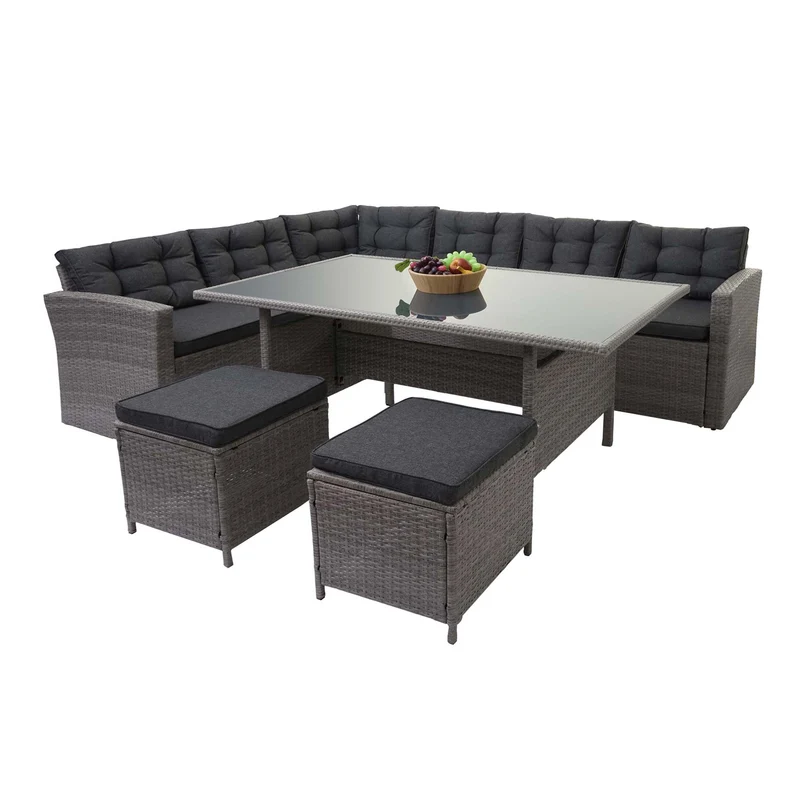 Ensemble complet de salon de jardin terrasse balcon véranda en polyrotin gris coussin gris foncé avec tabouret x2 04_0003046
