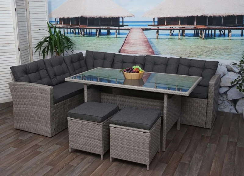 Ensemble complet de salon de jardin terrasse balcon véranda en polyrotin gris coussin gris foncé avec tabouret x2 04_0003046