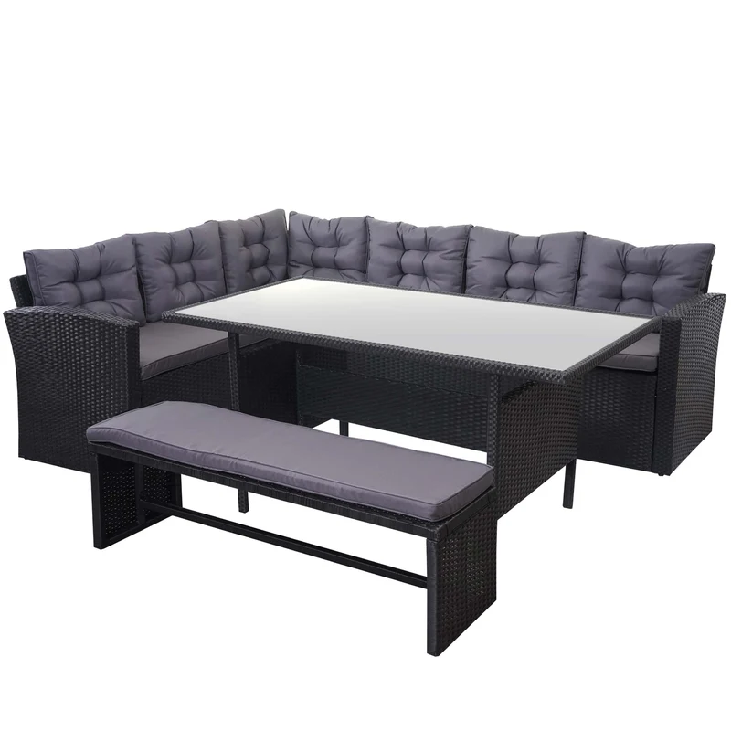 Ensemble complet de salon de jardin terrasse balcon véranda en polyrotin noir coussin gris foncé avec banc 04_0003045
