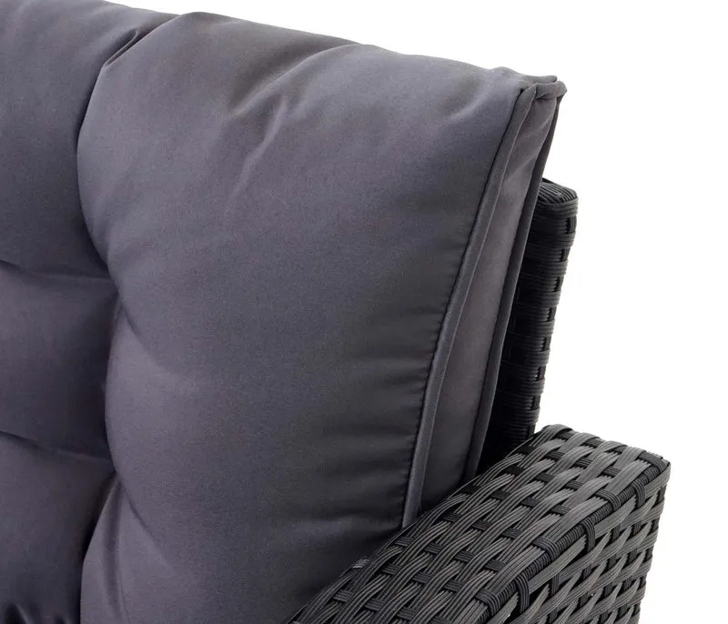 Ensemble complet de salon de jardin terrasse balcon véranda en polyrotin noir coussin gris foncé avec banc 04_0003045