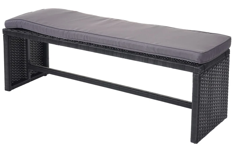 Ensemble complet de salon de jardin terrasse balcon véranda en polyrotin noir coussin gris foncé avec banc 04_0003045