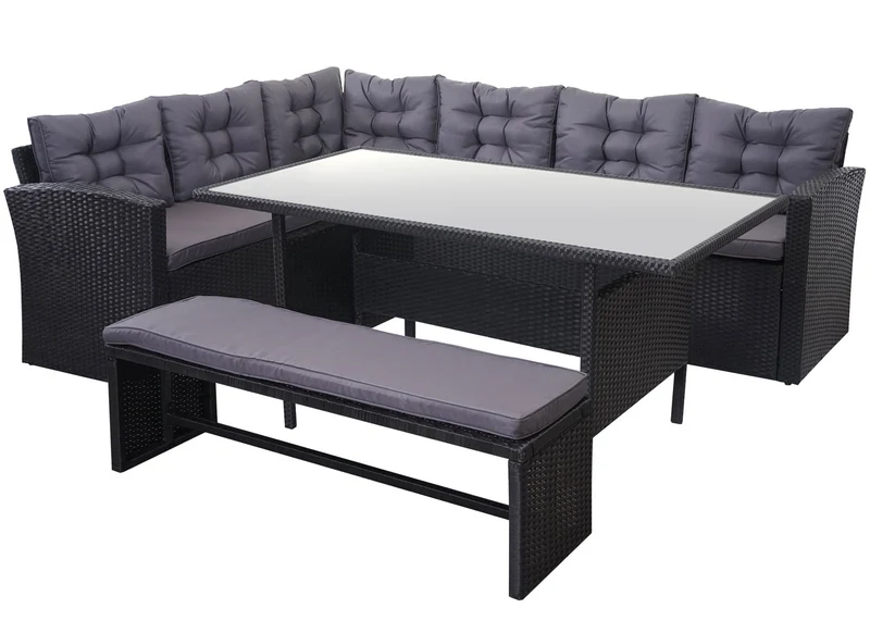 Ensemble complet de salon de jardin terrasse balcon véranda en polyrotin noir coussin gris foncé avec banc 04_0003045