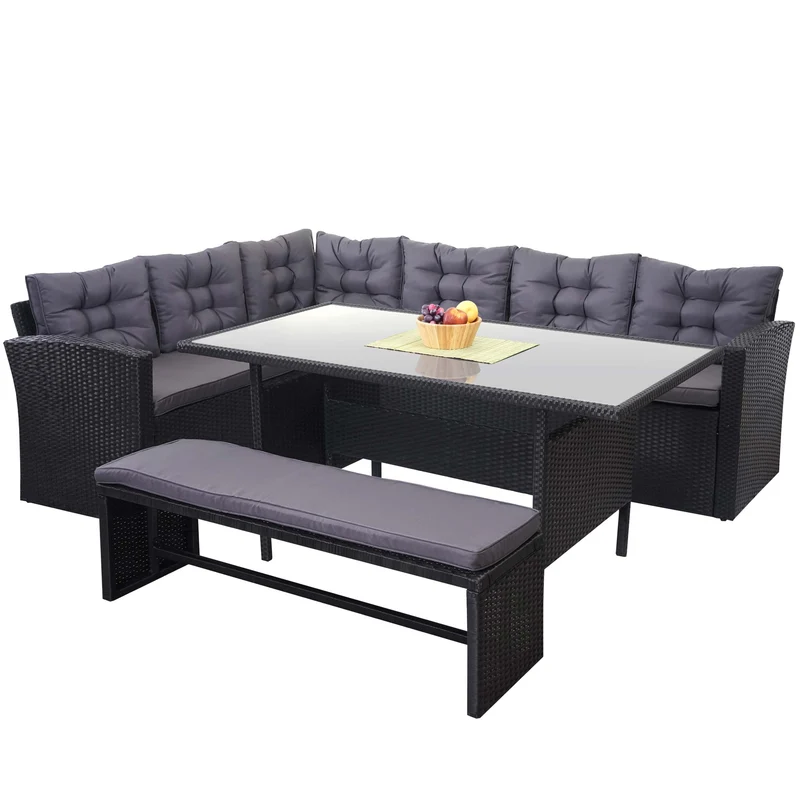 Ensemble complet de salon de jardin terrasse balcon véranda en polyrotin noir coussin gris foncé avec banc 04_0003045