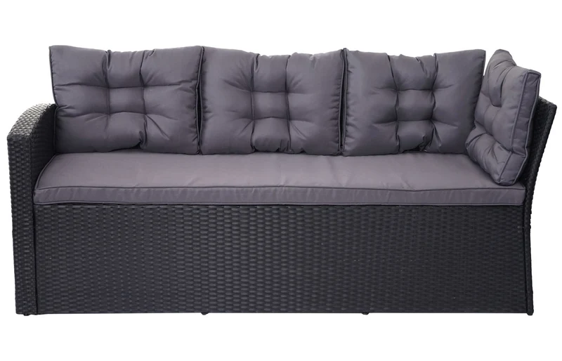 Ensemble complet de salon de jardin terrasse balcon véranda en polyrotin noir coussin gris foncé avec banc 04_0003045